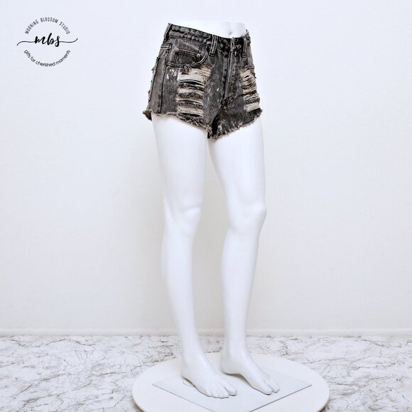 Mink Pink Thrashed Cutoff Distressed High Waist Fray Hem Button Fly Denim Shorts - Picture 2 of 14